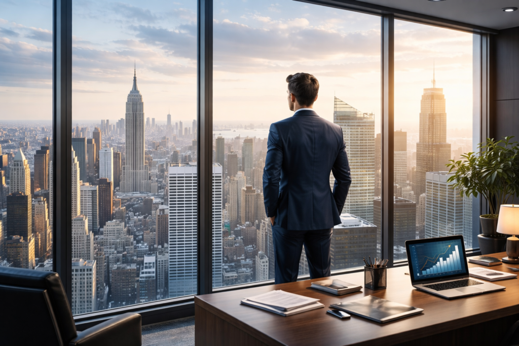 empresário em seu escritório olhando pela janela